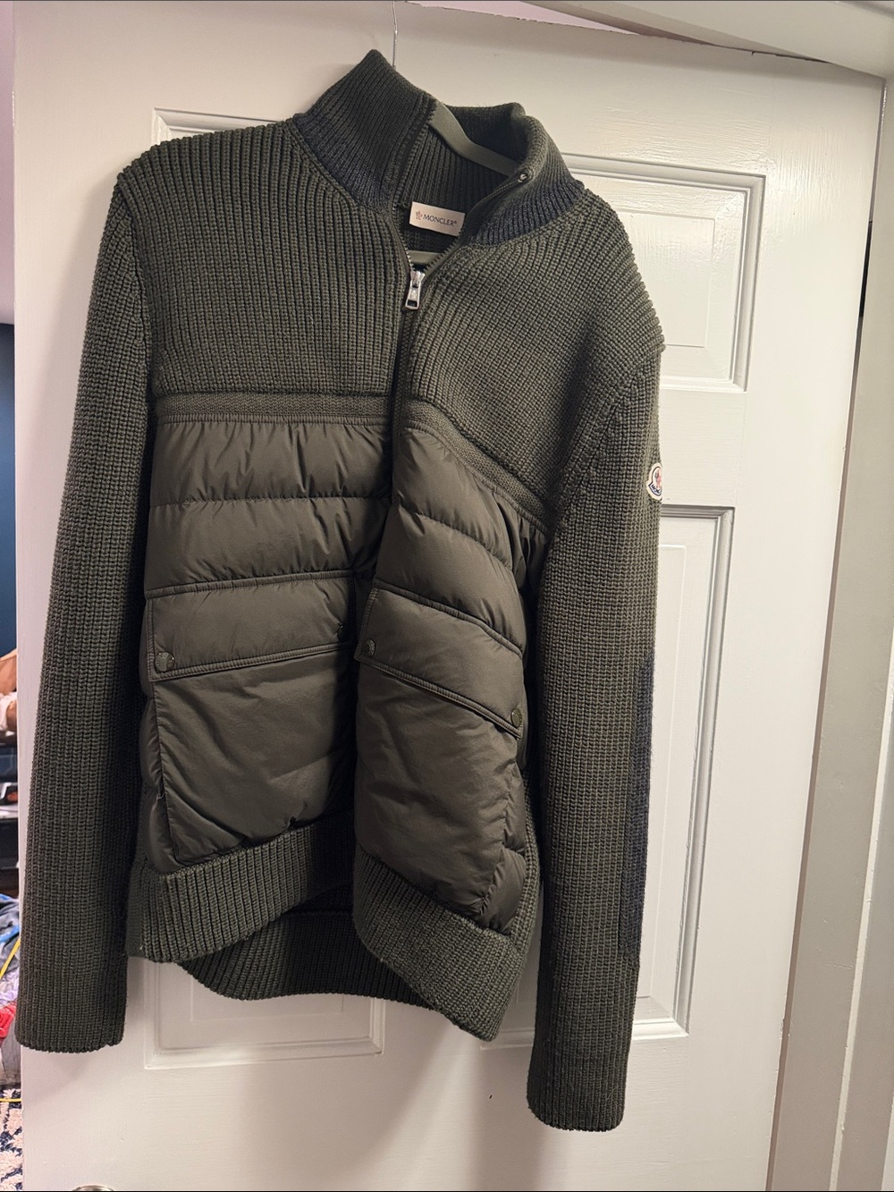 Moncler Olive Quilted-Knit Zip-Up Cardigan